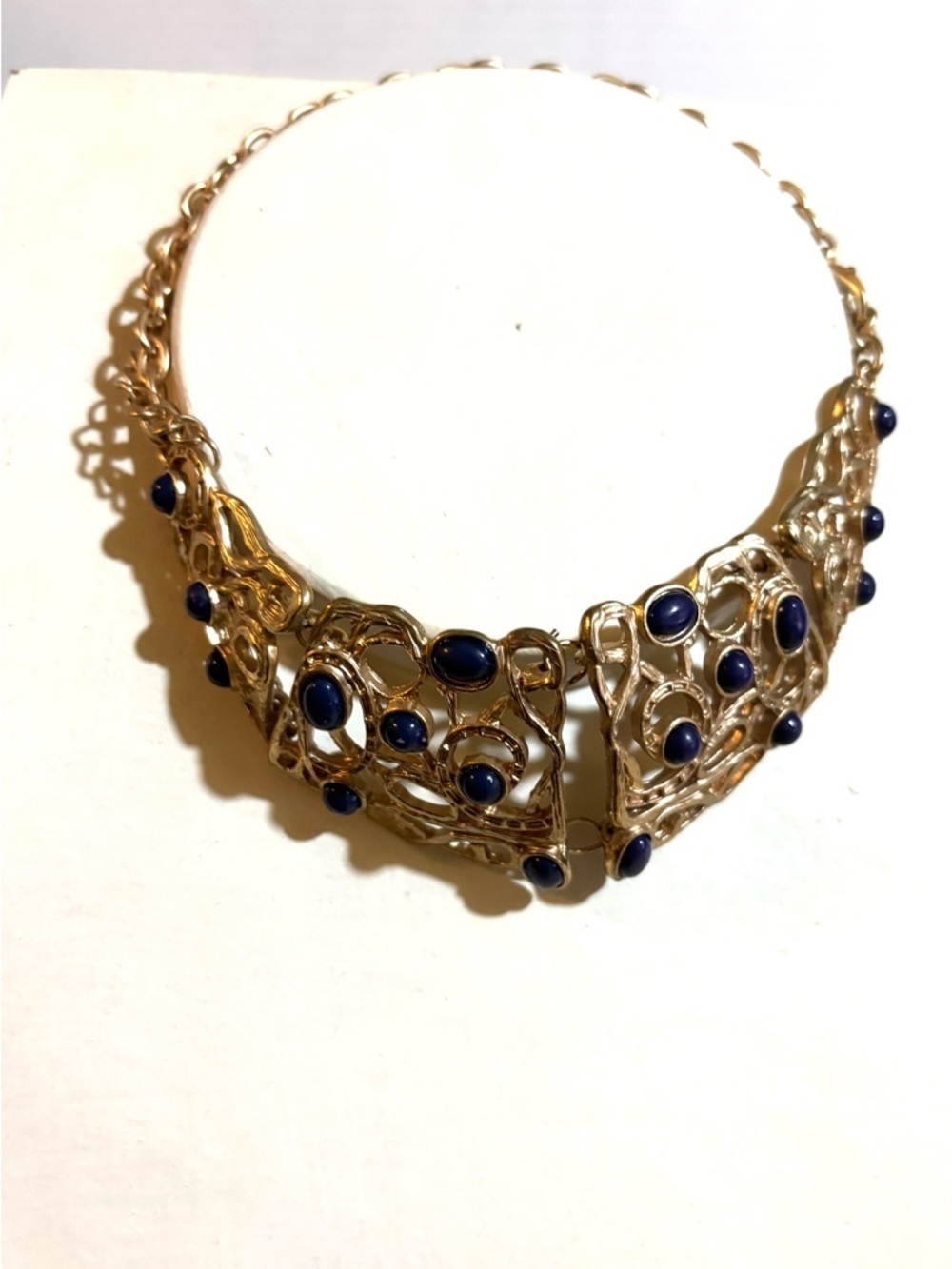 Vintage Gold-Tone Filigree Collar Necklace with Navy Blue Cabochons